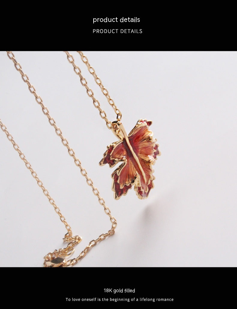 Maple Leaf Enamel Drip Glazed Long Necklace For Women