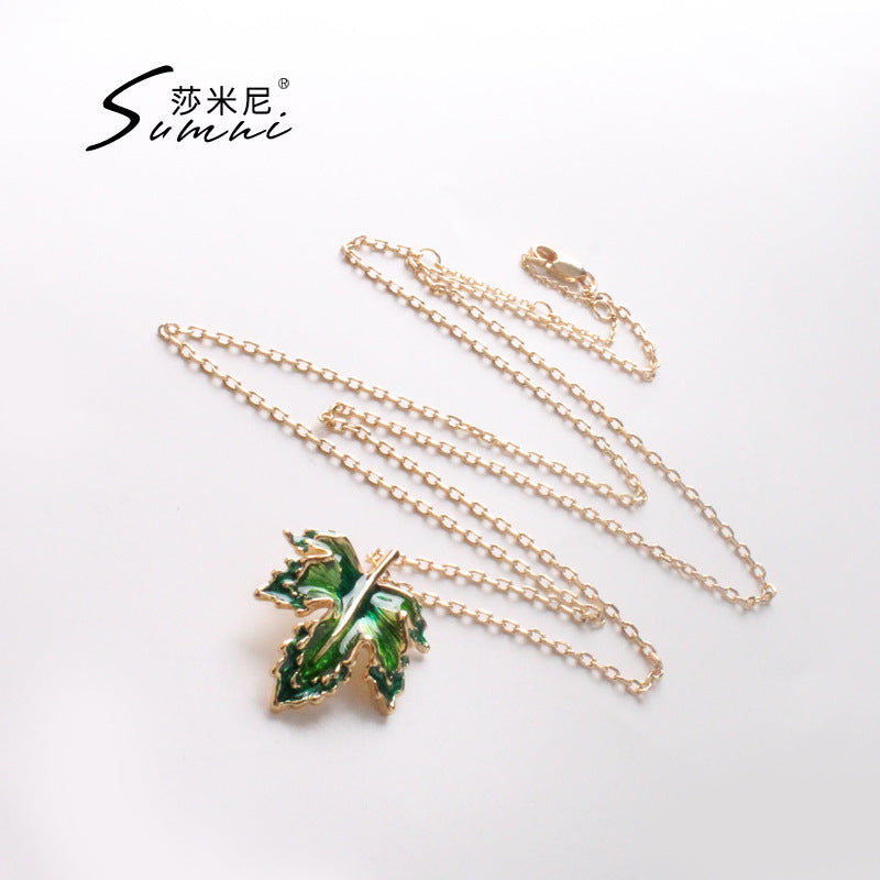 Maple Leaf Enamel Drip Glazed Long Necklace For Women