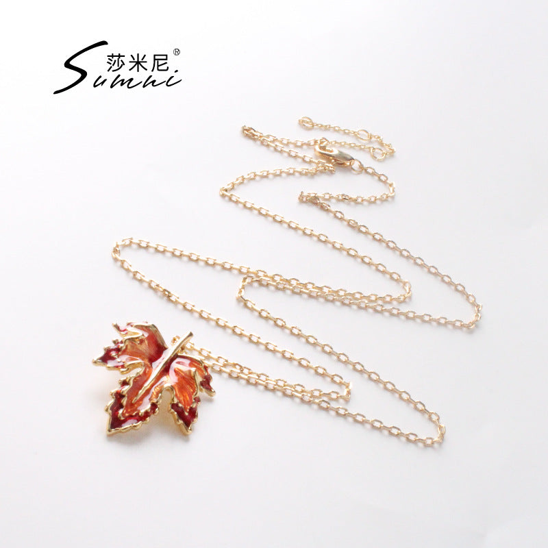 Maple Leaf Enamel Drip Glazed Long Necklace For Women