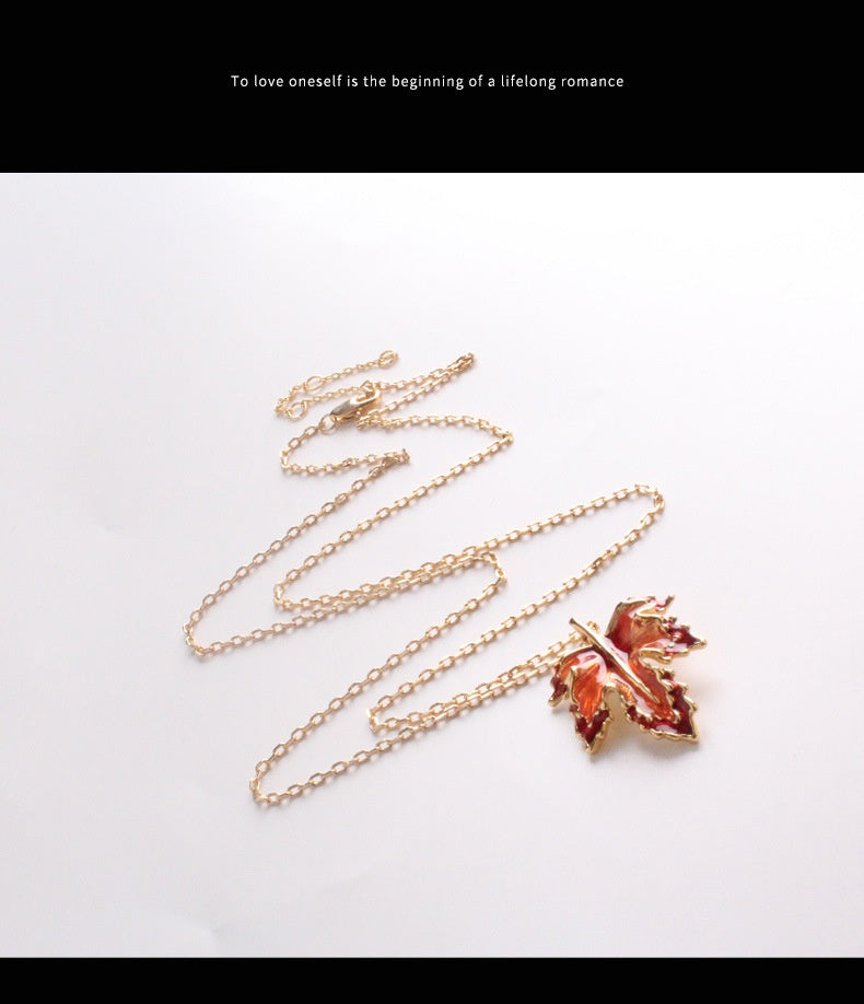Maple Leaf Enamel Drip Glazed Long Necklace For Women